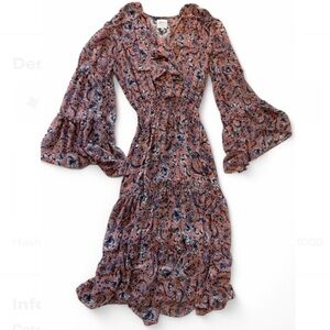 MISA Floral Dress with Bell Sleeves and Ruffles size XS